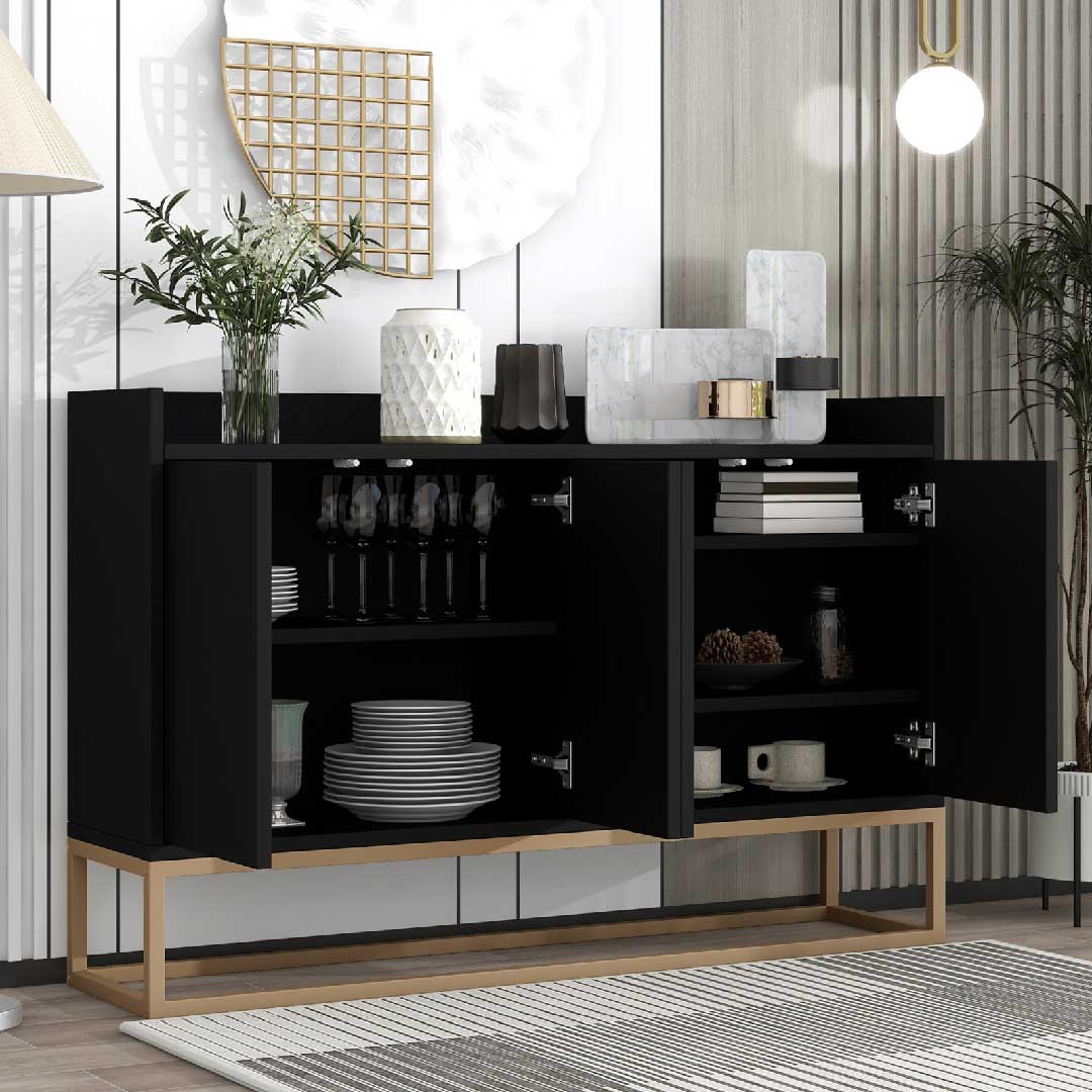 Schwarzes Yelenaro Sideboard 120 cm mit geöffneten Türen, modernes Stauraum-Möbel für Esszimmer oder Wohnzimmer