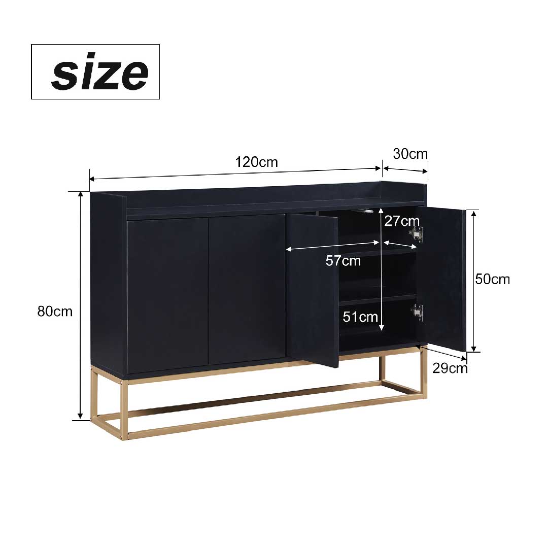 Größenübersicht Yelenaro Sideboard 120 cm in Schwarz, modernes Stauraum-Sideboard mit Metallgestell