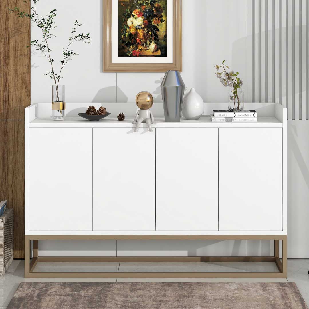 Weißes Yelenaro Sideboard 120 cm im Wohnbereich, minimalistisches Sideboard mit 4 Türen und Metallgestell