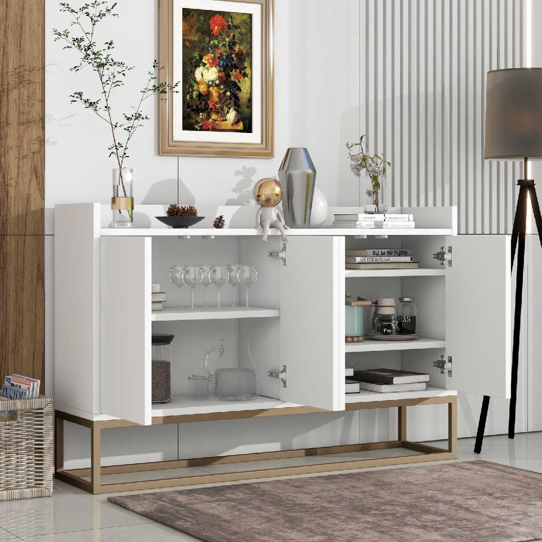 Yelenaro Sideboard 120 cm in Weiß mit geöffneten Türen, geräumiger Stauraum für Geschirr, Bücher und Haushaltsgegenstände