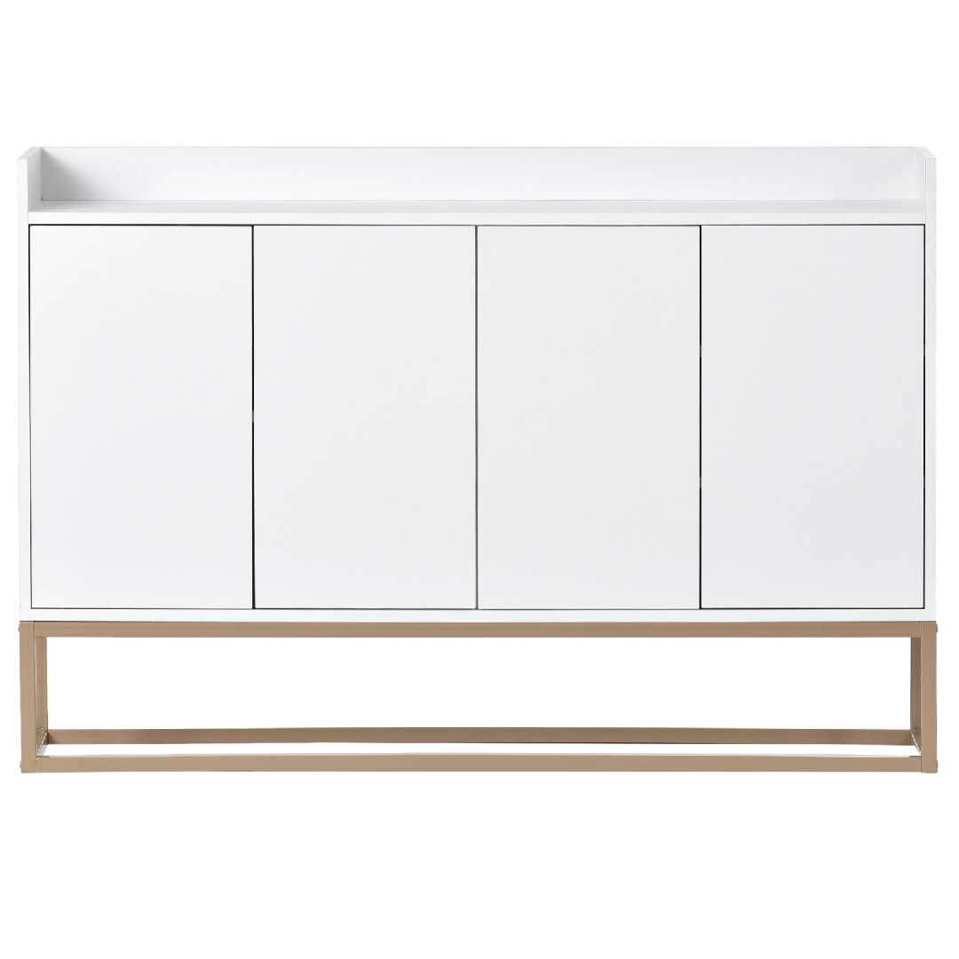 Yelenaro Sideboard 120 cm in Weiß mit 4 Türen, modernes Push-to-Open Sideboard mit Metallgestell, Frontansicht freigestellt