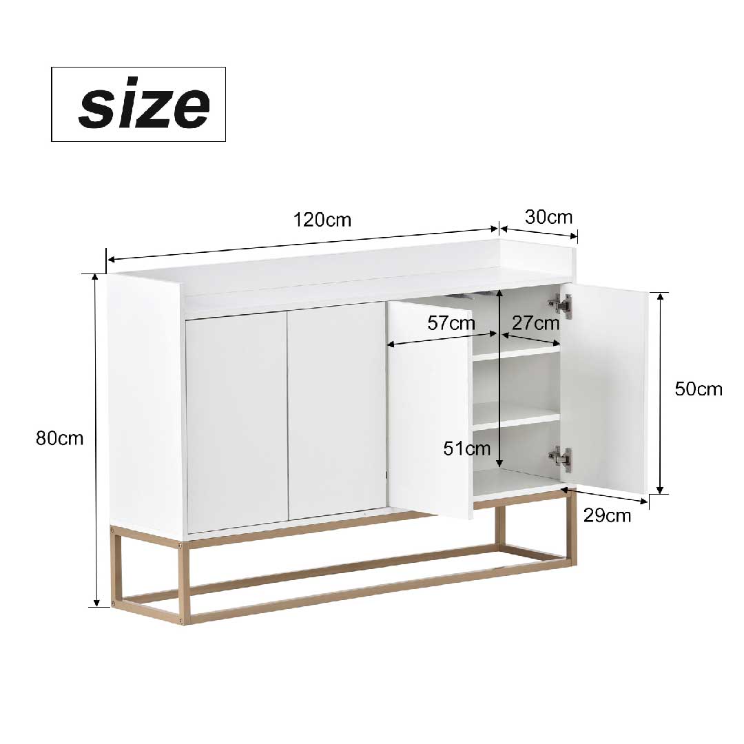 Maßangaben Yelenaro Sideboard 120 cm in Weiß, Breite 120 cm, Höhe 80 cm, Tiefe 30 cm, 4-türiges Sideboard