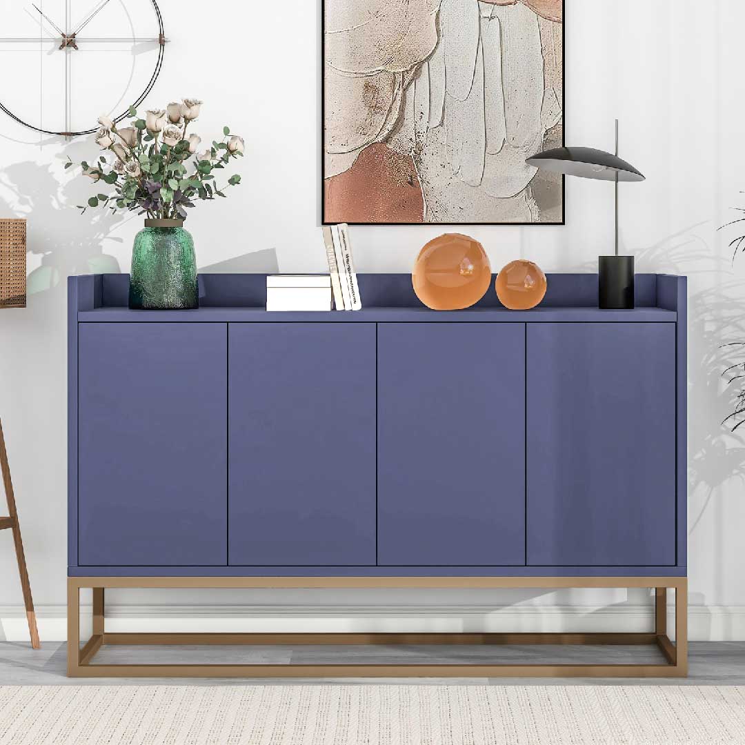 Modernes Yelenaro Sideboard 120 cm in Blau im Wohnzimmer, 4-türiges Stauraum-Sideboard mit Metallgestell und klarer Linienführung
