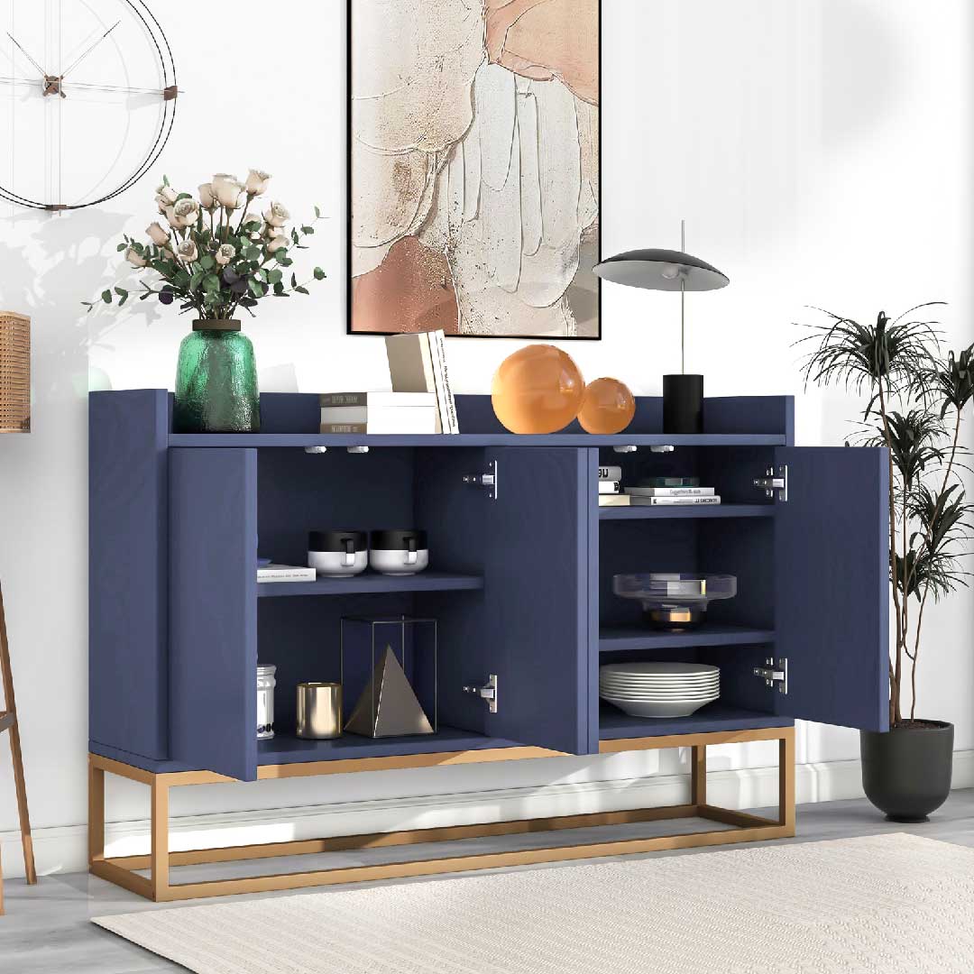 Yelenaro Sideboard 120 cm in Blau mit geöffneten Türen, praktischer Stauraum für Geschirr und Wohnaccessoires im Wohnzimmer