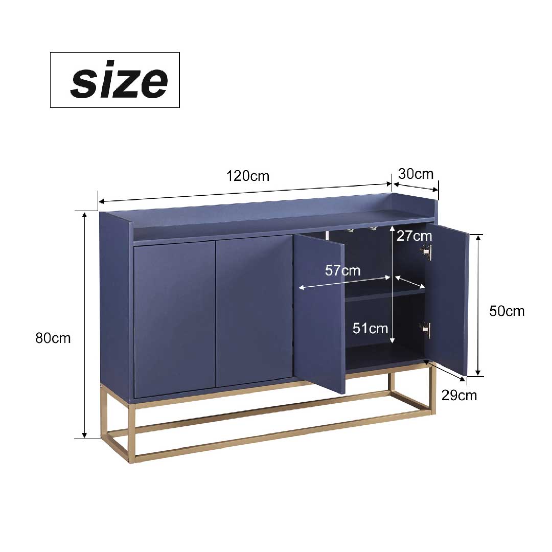 Abmessungen Yelenaro Sideboard 120 cm in Blau, modernes Sideboard mit 4 Türen, Höhe 80 cm, Tiefe 30 cm