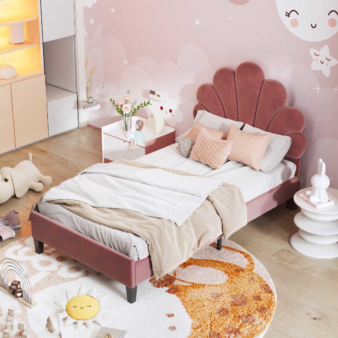 Yelenaro Blütenblatt-Kinderbett 90x200 cm – Samt-Polsterbett in Altrosa mit elegantem Kopfteil und weicher Polsterung.