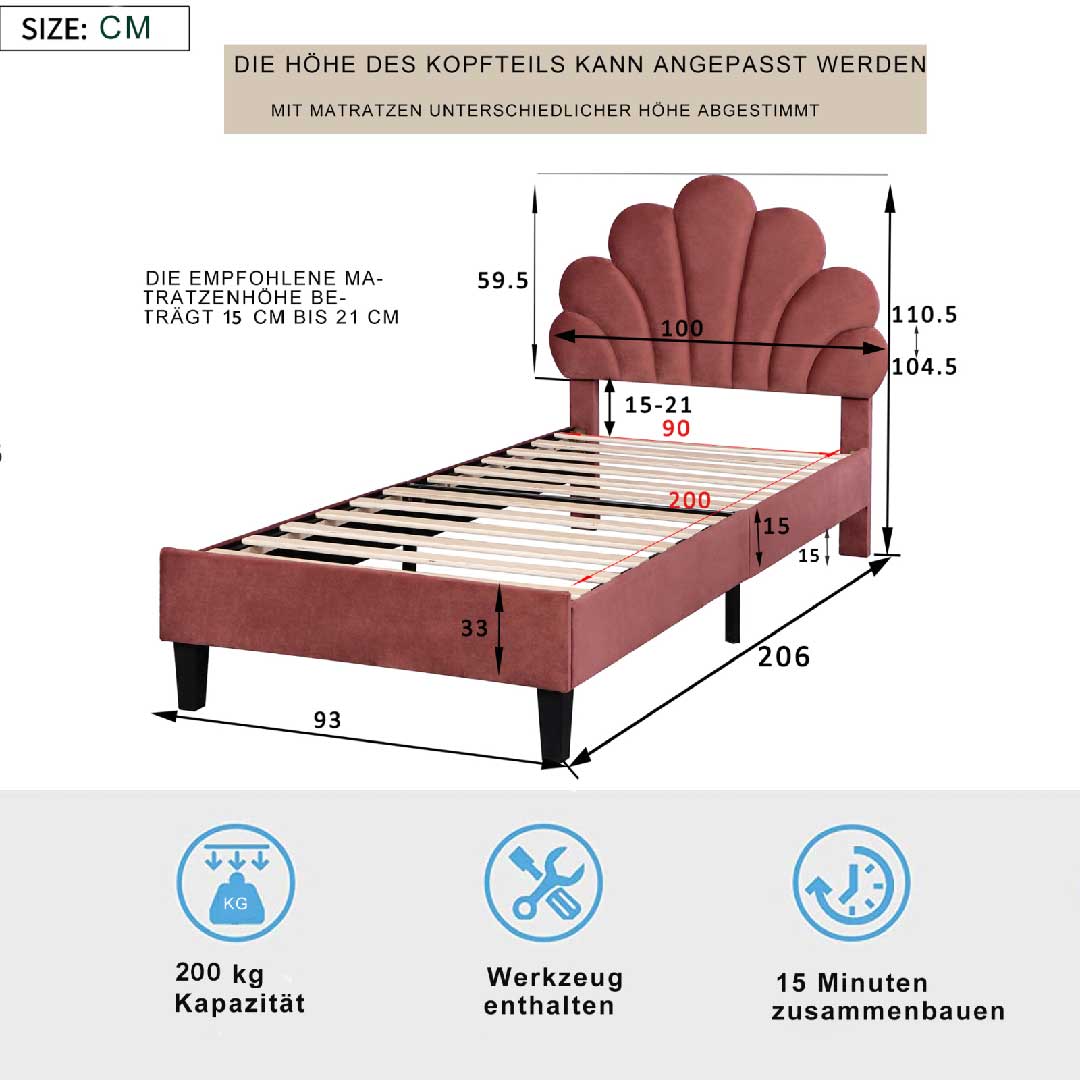 Größenangaben des Yelenaro Samt-Kinderbetts 90x200 cm – verstellbares Blütenkopfteil, stabile Struktur und komfortable Höhe.