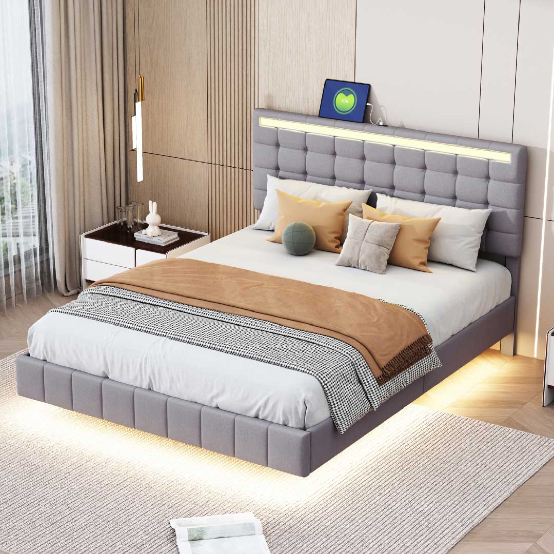 Yelenaro Polsterbett 140x200 Grau mit LED & USB, Schwebendes Design