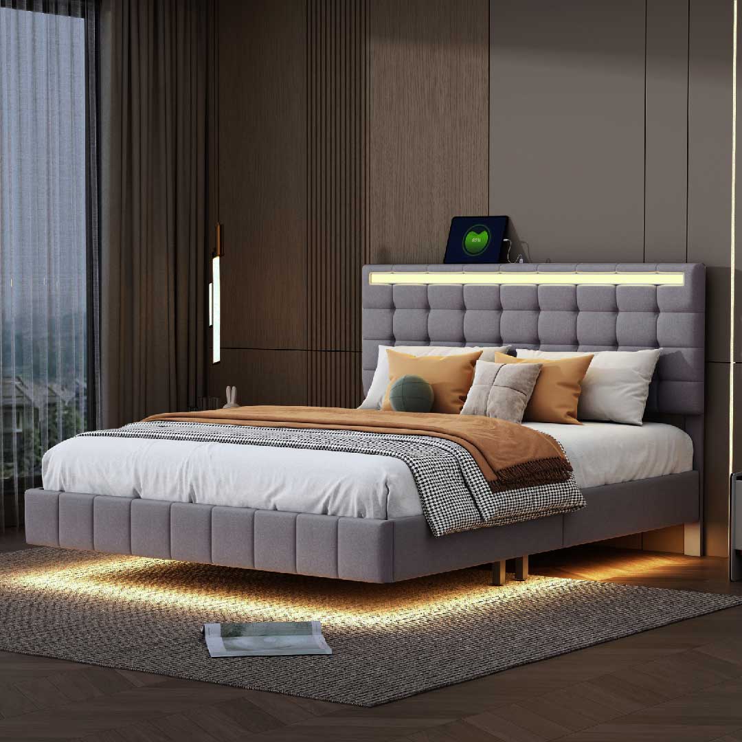 Yelenaro Polsterbett 140x200 Grau mit LED & USB, Schwebendes Design