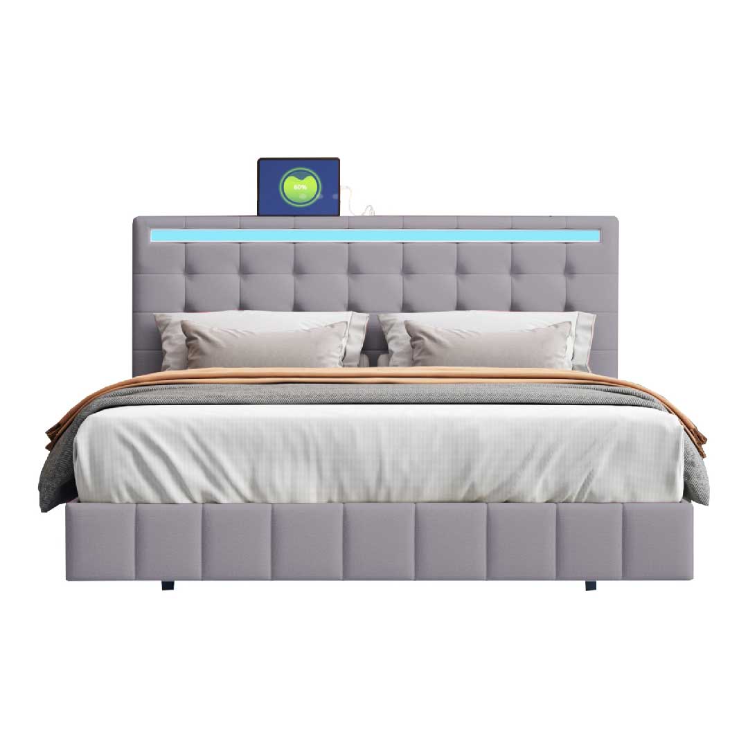 Yelenaro Polsterbett 140x200 Grau mit LED & USB, Schwebendes Design
