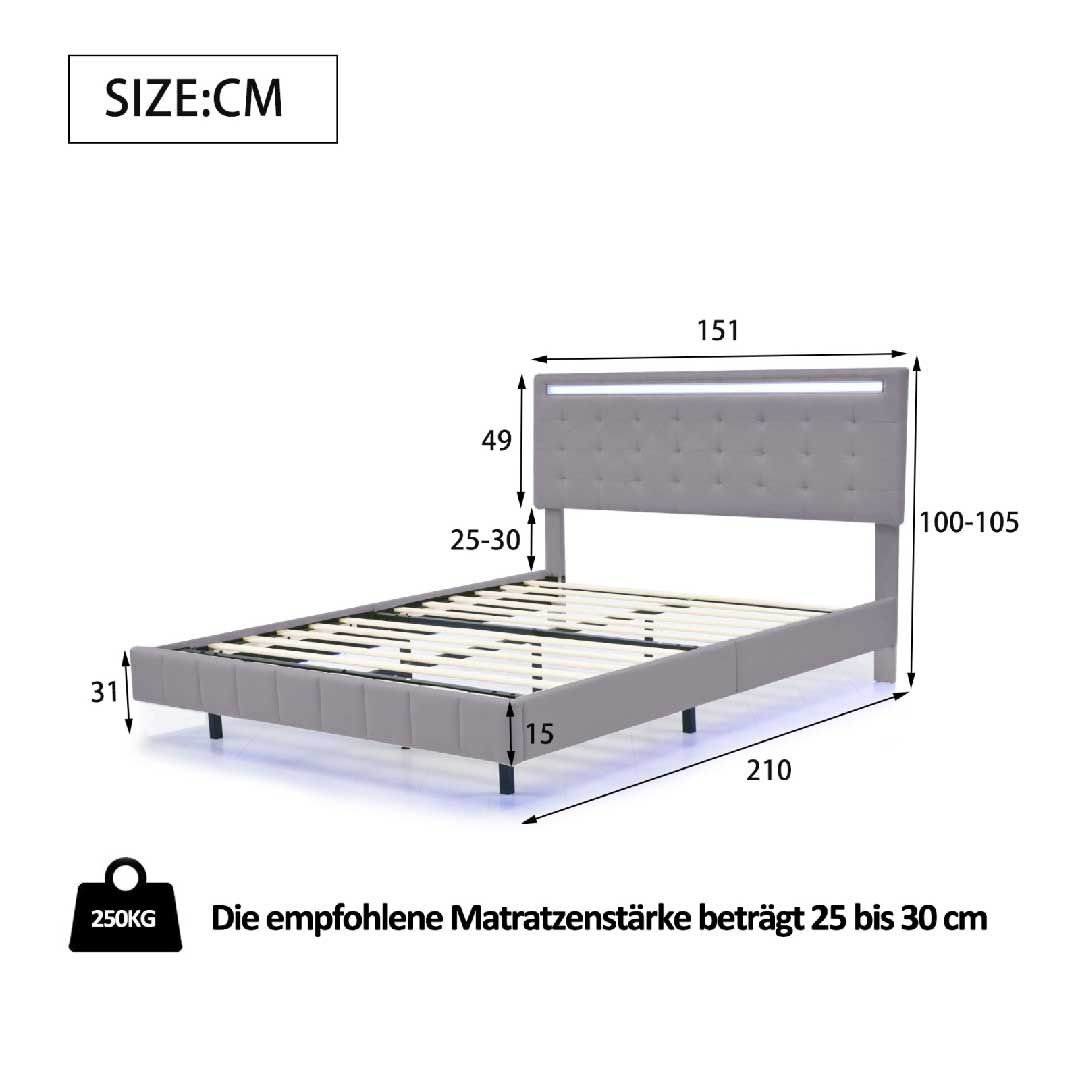 Yelenaro Polsterbett 140x200 Grau mit LED & USB, Schwebendes Design