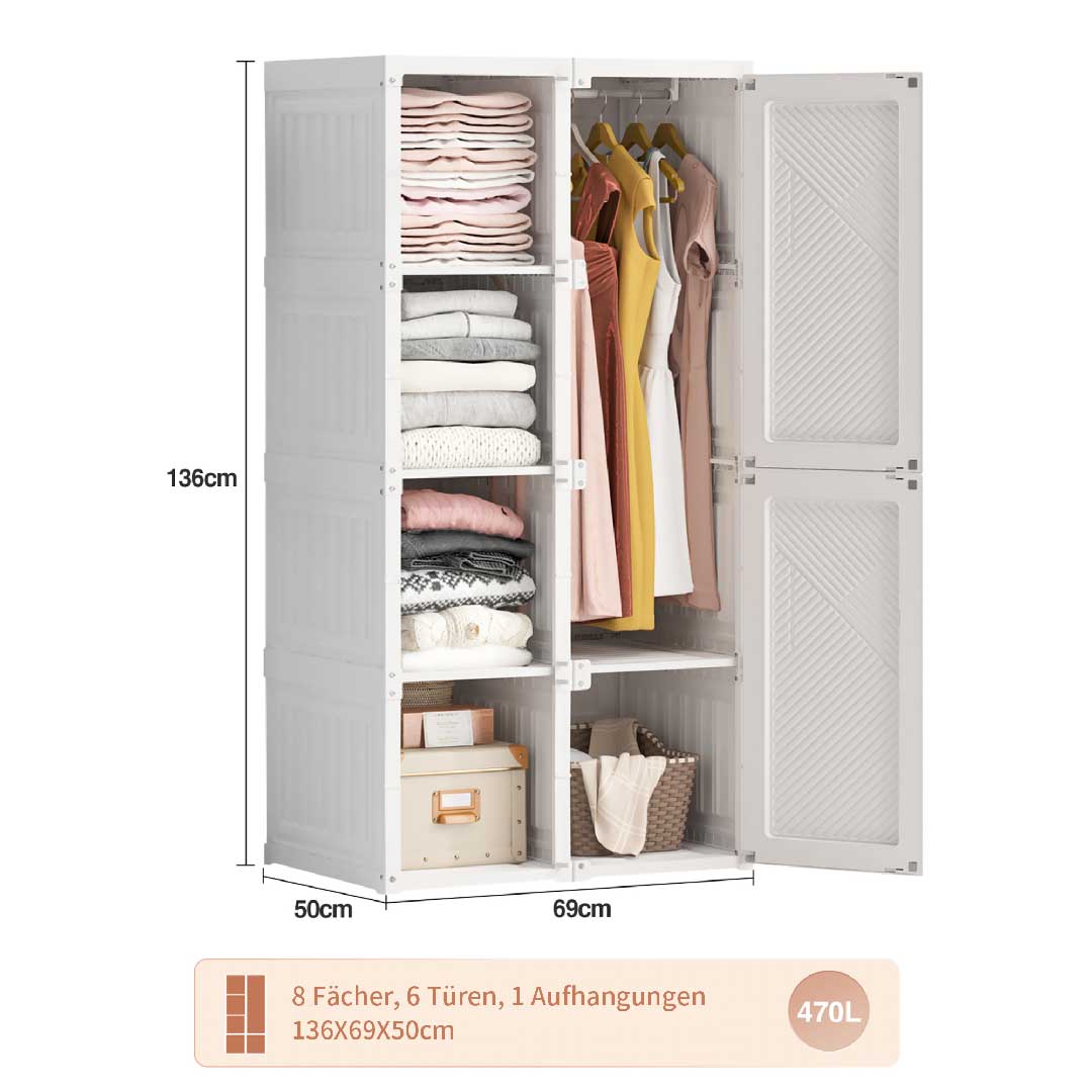 Yelenaro Faltbarer Kleiderschrank Weiß 136cm mit 6 Türen & Kleiderstange