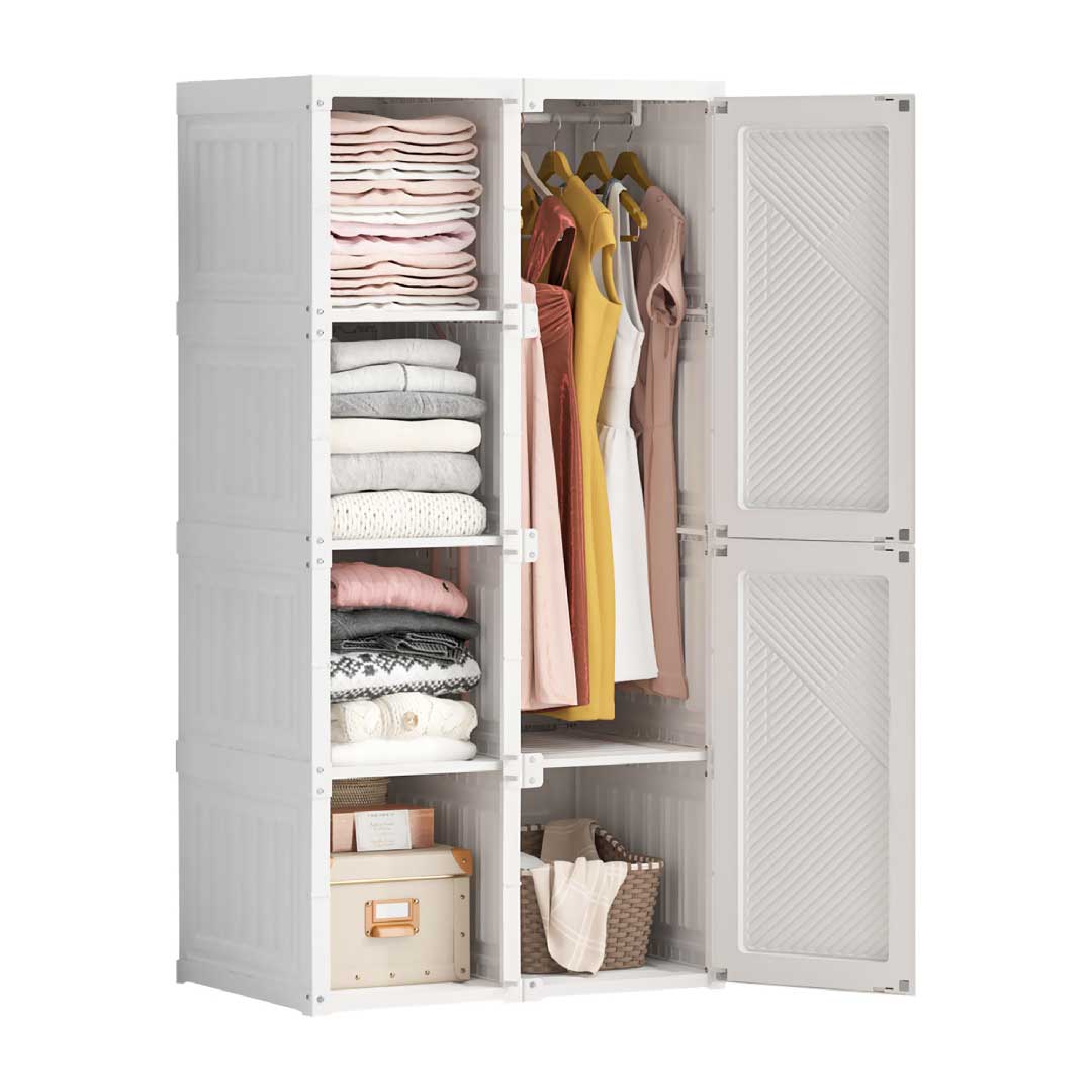 Yelenaro Faltbarer Kleiderschrank Weiß 136cm mit 6 Türen & Kleiderstange