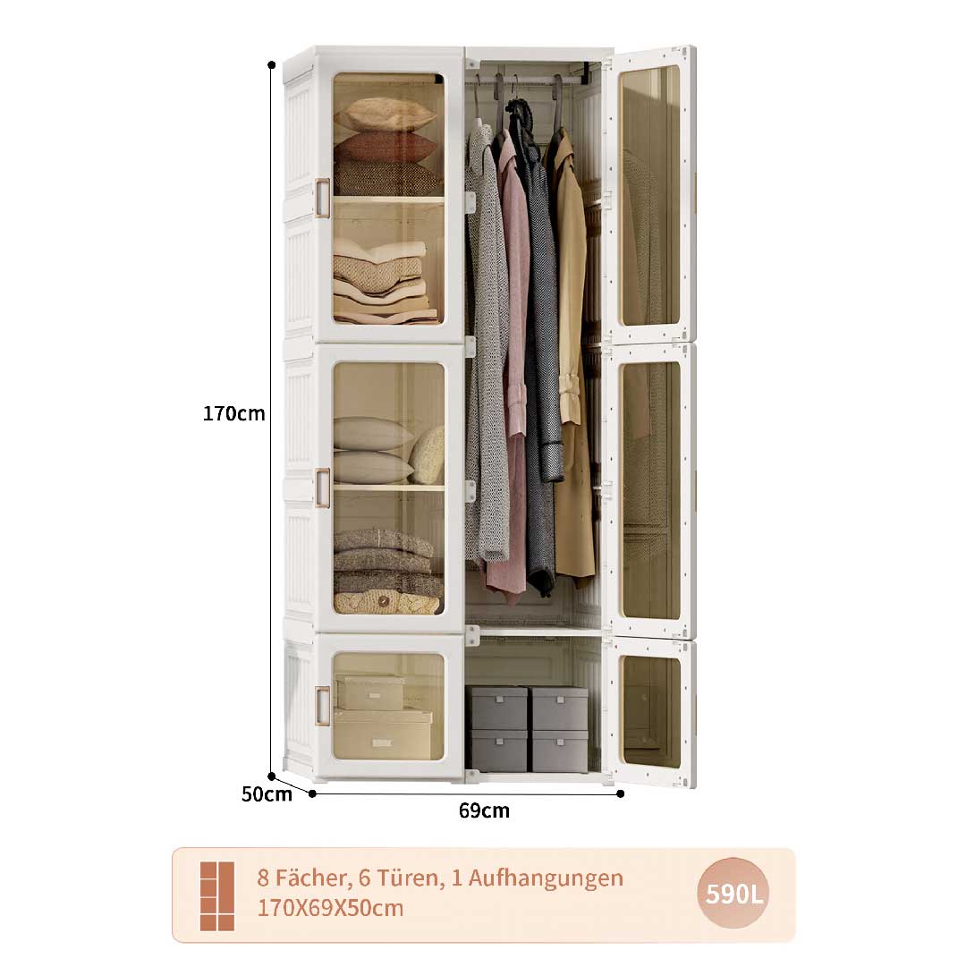 Yelenaro Faltbarer Kleiderschrank Schmal Hoch mit 6 Türen & Kleiderstange