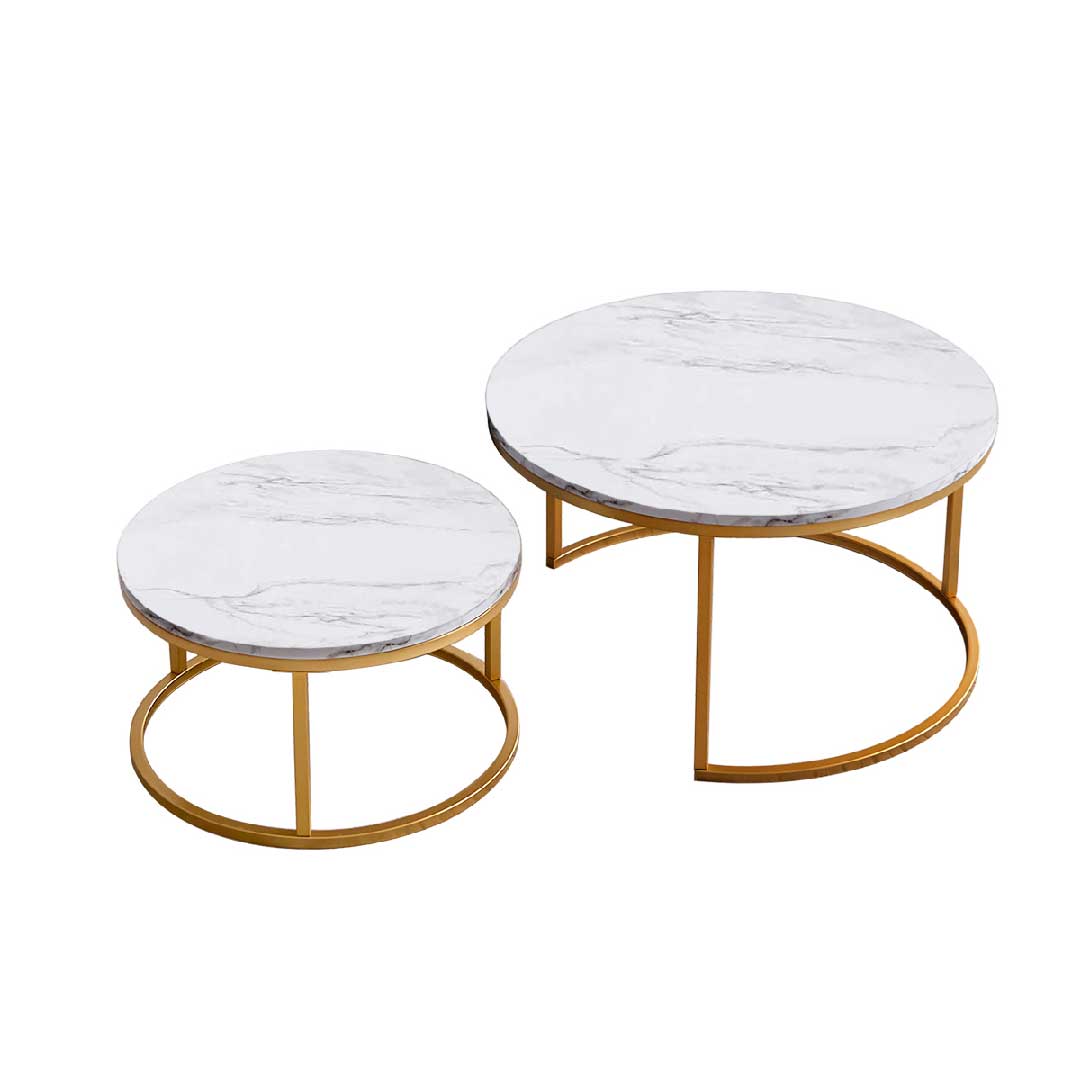 Yelenaro Couchtisch Rund Weiss Marmor Optik – 2er Set Gold Wohnzimmertisch