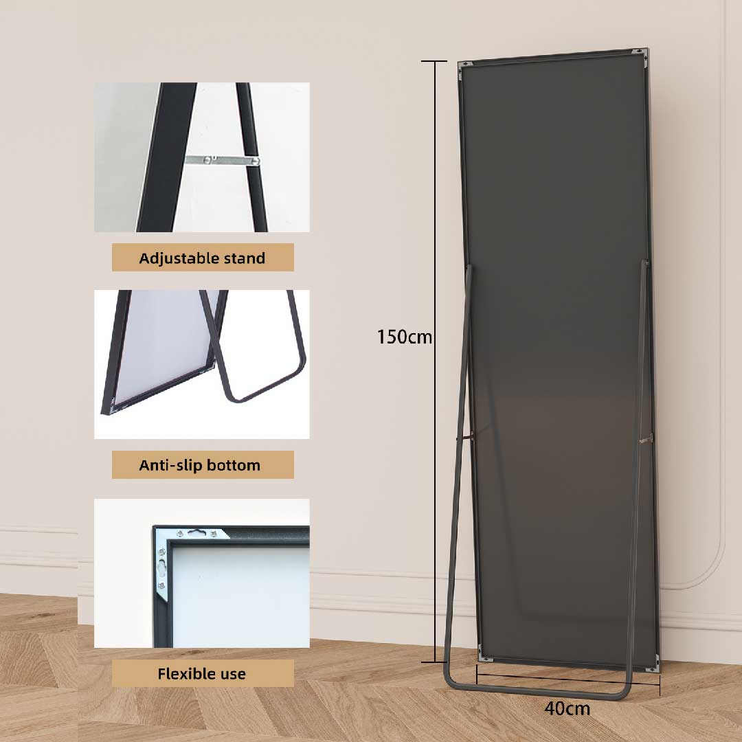 Yelenaro Standspiegel 150x40 cm in Schwarz, stabile Metallkonstruktion mit klappbarer Rückstütze