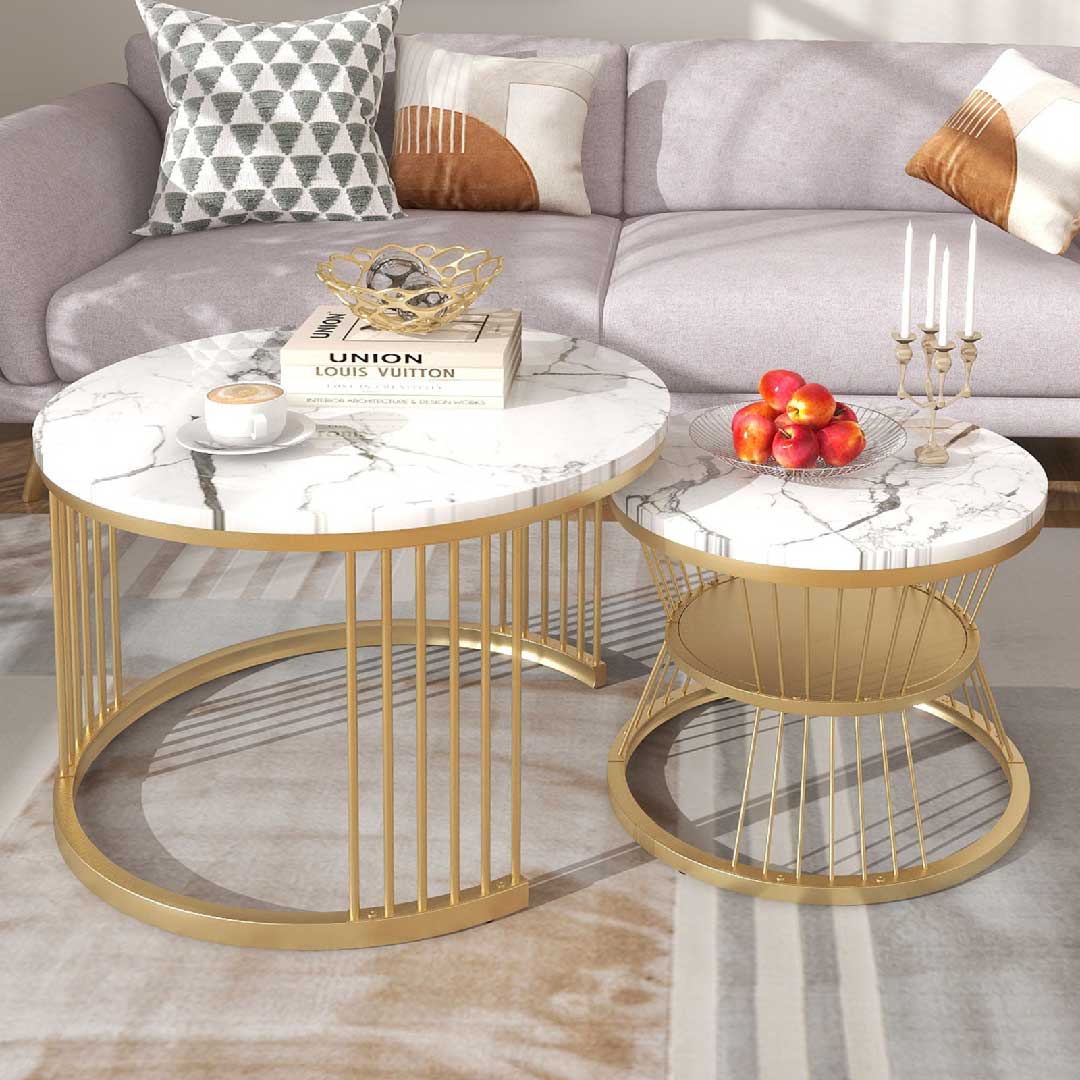 Yelenaro Couchtisch 2er Set Rund Marmoroptik Gold – Moderner Wohnzimmertisch