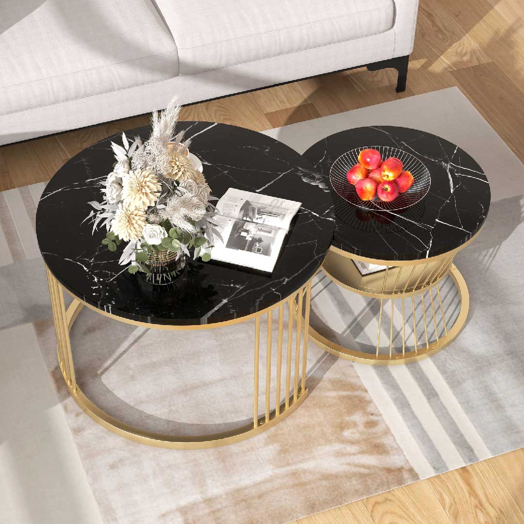 Yelenaro Couchtisch 2er Set Rund Marmoroptik Gold – Moderner Wohnzimmertisch