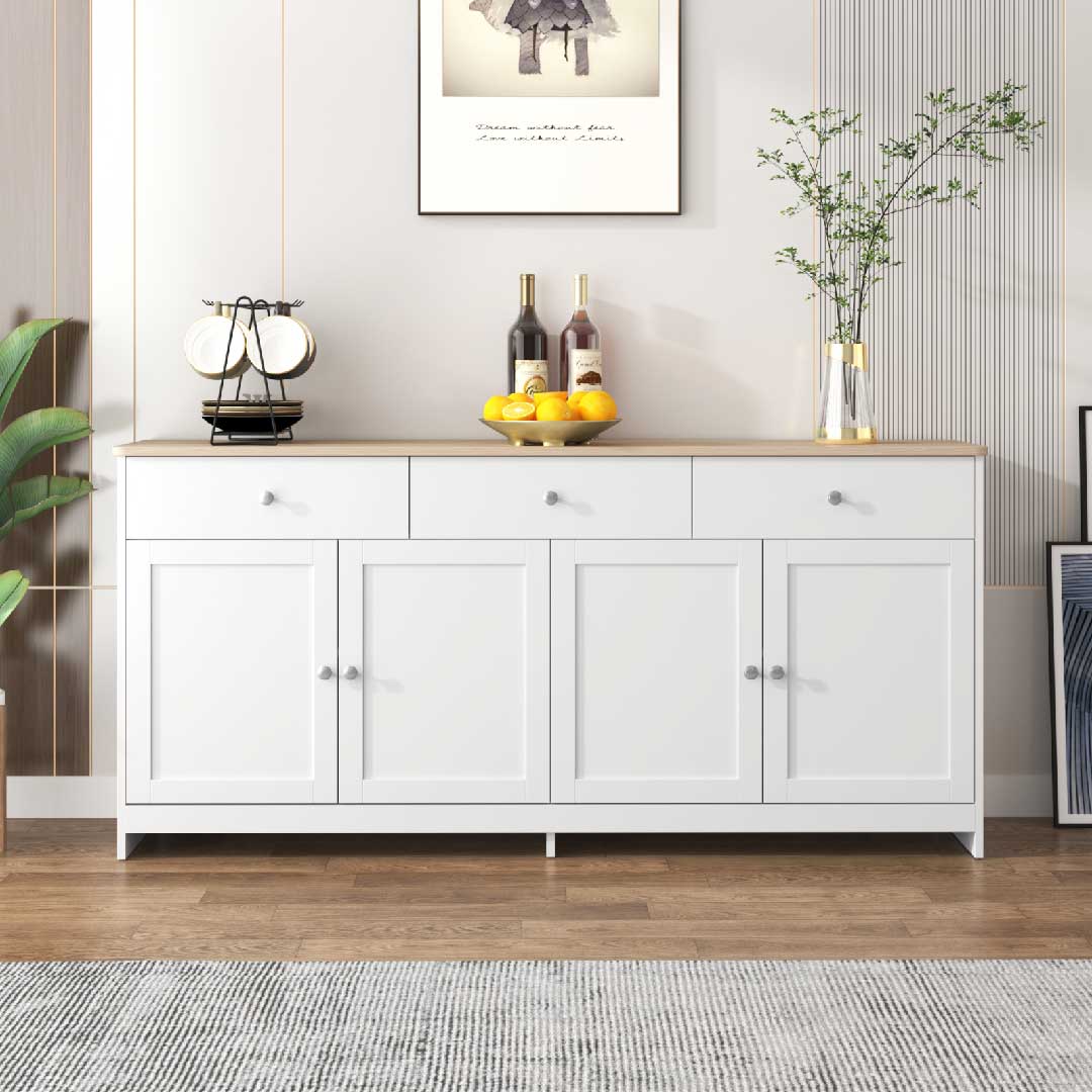 Weißes Yelenaro Sideboard mit Holzplatte im Wohnbereich, stilvolles Stauraummöbel mit 3 Schubladen und 4 Türen im Landhausstil