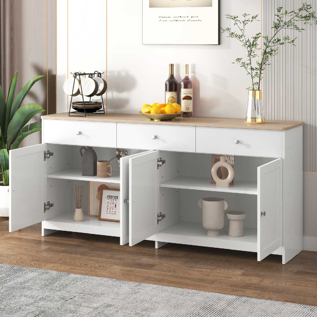 Yelenaro Sideboard weiß mit geöffneten Türen, verstellbare Regalböden und großzügiger Stauraum für Geschirr, Gläser und Deko