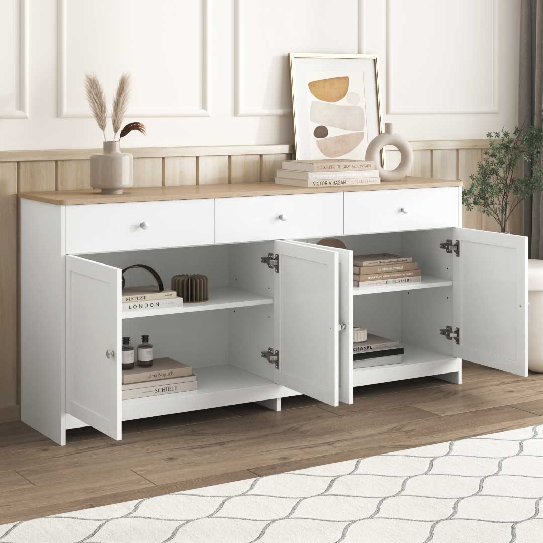 Yelenaro Sideboard Weiß mit Holzplatte, 3 Schubladen & 4 Türen