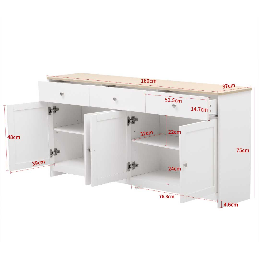 Abmessungen des Yelenaro Sideboards weiß mit Holzplatte, 160 cm breit, mit 3 Schubladen, 4 Türen und viel Stauraum