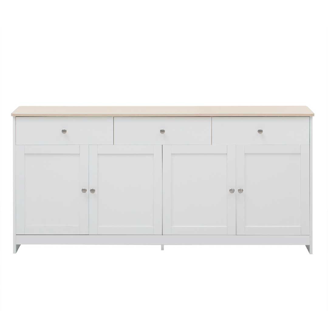 Yelenaro Sideboard weiß mit Holzplatte, modernes Landhaus-Design mit 3 Schubladen und 4 Türen, viel Stauraum für Wohnzimmer und Esszimmer