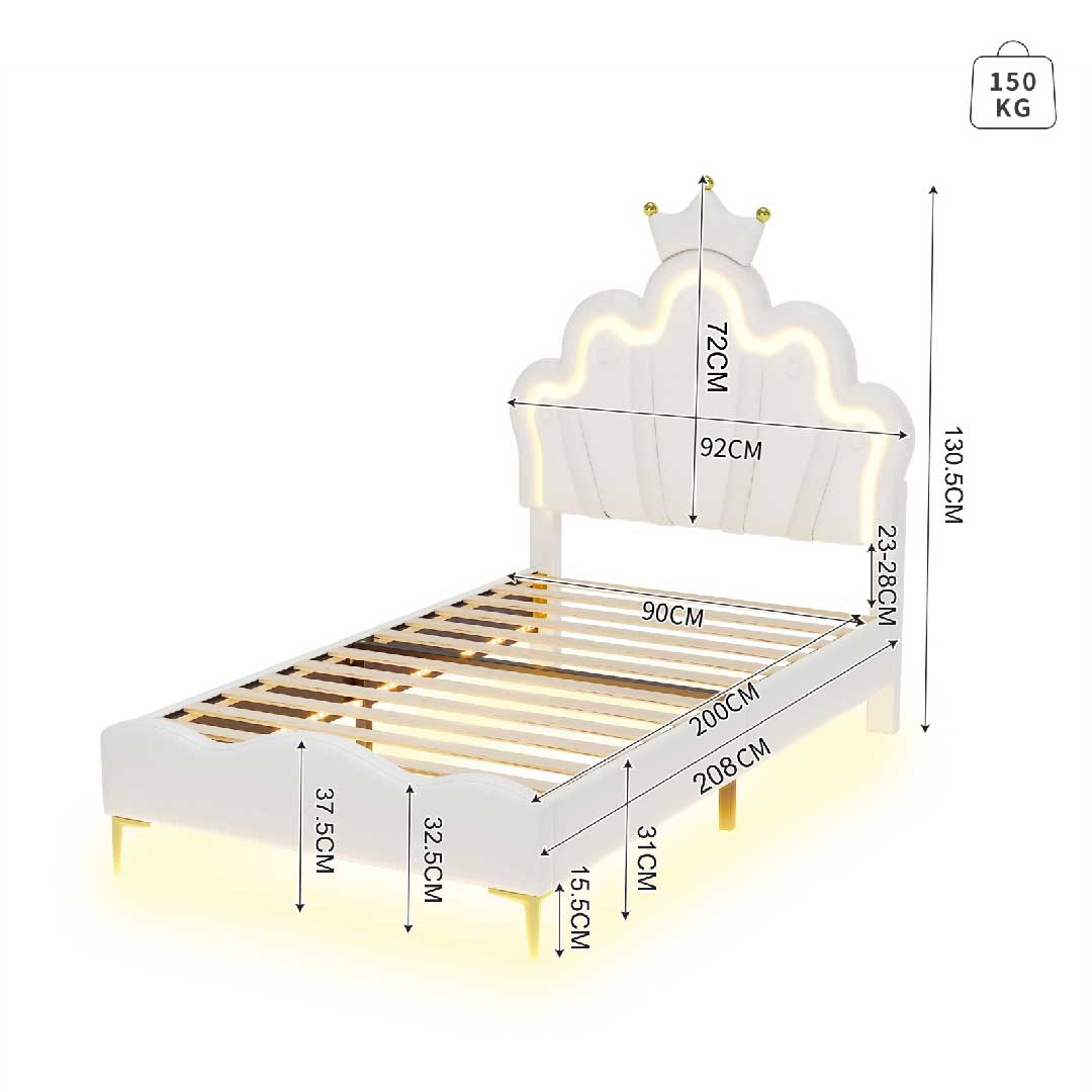 Kinderbett 90x200 mit LED-Krone – Maße, Bodenfreiheit und Aufbauübersicht in Zentimetern